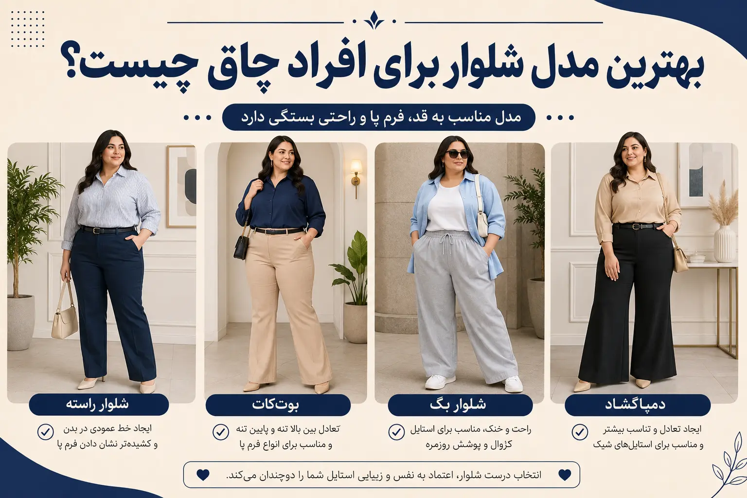 مقایسه شلوار راسته بوت‌کات بگ و دمپاگشاد برای افراد پلاس سایز