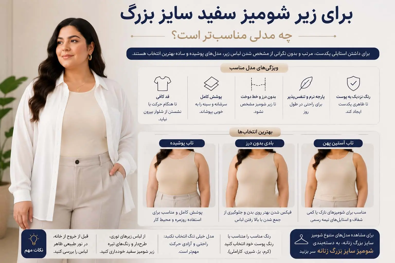 برای زیر شومیز سفید سایز بزرگ چه مدلی مناسب‌تر است؟