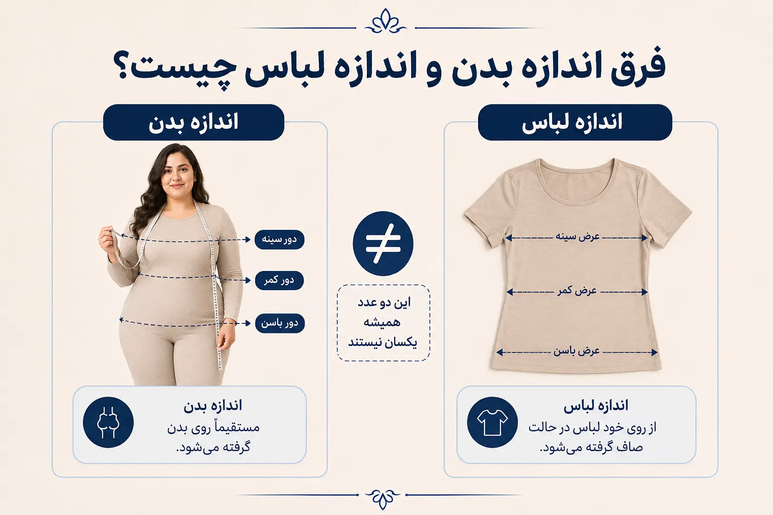 تفاوت اندازه بدن و اندازه لباس در جدول سایزبندی زنانه