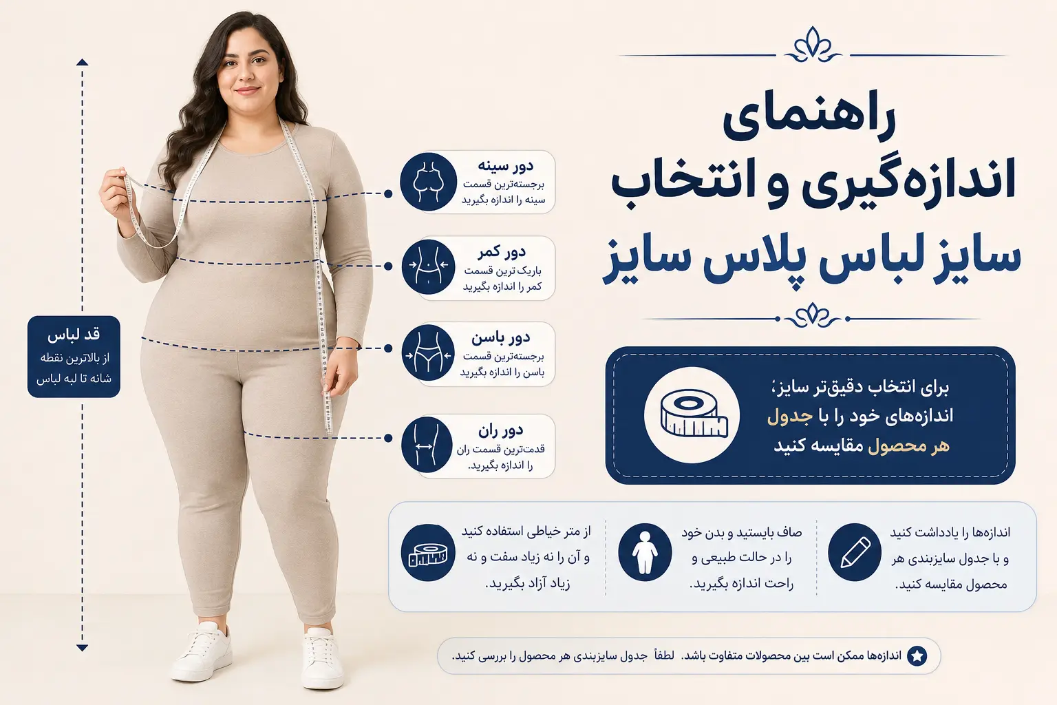 راهنمای اندازه‌گیری و انتخاب سایز لباس زنانه پلاس سایز