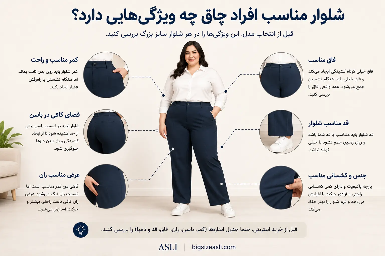 ویژگی‌های شلوار مناسب افراد چاق شامل کمر باسن ران فاق و قد مناسب