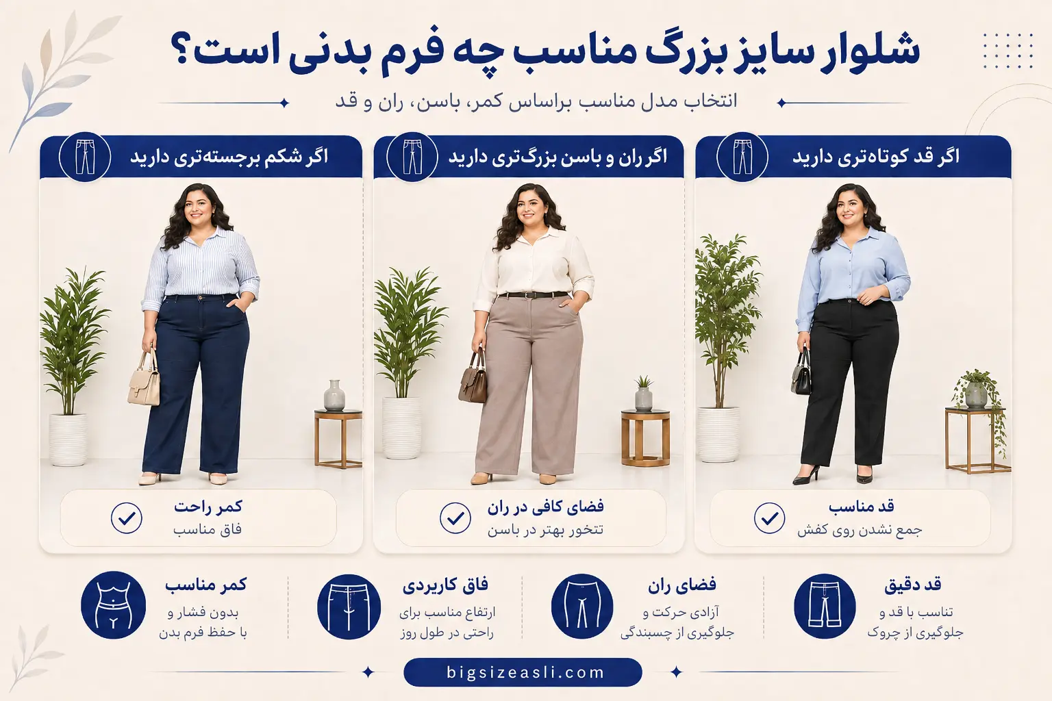 راهنمای انتخاب شلوار سایز بزرگ برای شکم برجسته ران و باسن بزرگ و قد کوتاه